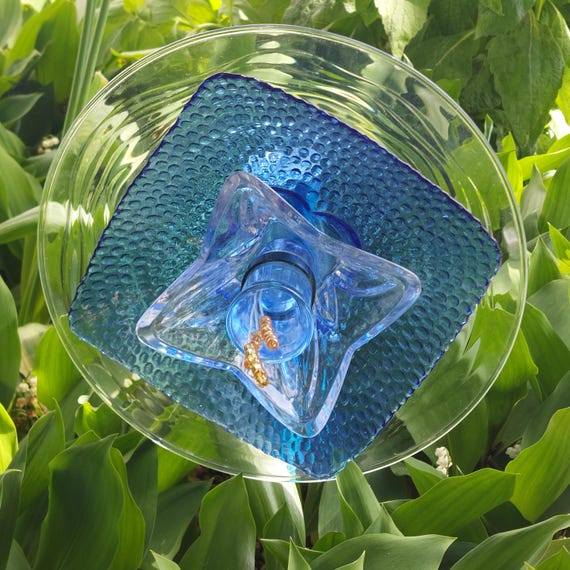 Cobalt Blue Glass Garden Flower Stake, Repurposed Yard Art, Whimsical Garden Decor Gift