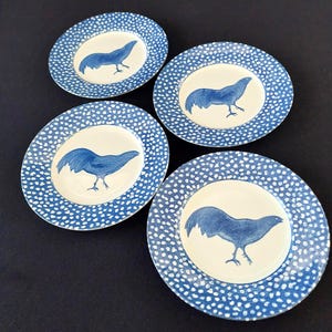 Set of 4 Burleigh Chanticleer Plates | Blue Rooster English Transferware (7" Salad/Dessert)
