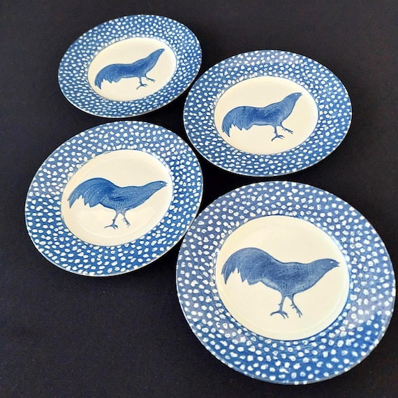 Set of 4 Burleigh Chanticleer Plates | Blue Rooster English Transferware (7" Salad/Dessert)