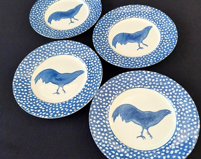 Set of 4 Burleigh Chanticleer Plates | Blue Rooster English Transferware (7" Salad/Dessert)