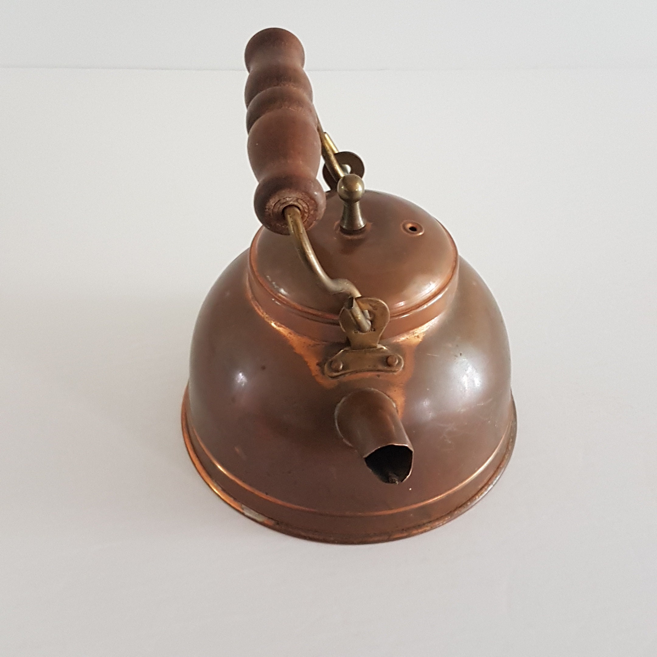 Vintage Copper Tea Kettle, Stovetop, Made in England, Brown Wooden