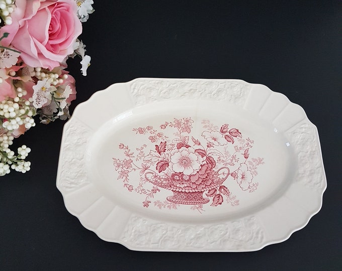 Serving Platter, Myott Son & Co BONNIE DUNDEE SPRAY, Red Pink Transferware on Ironstone, 12 x 8 Inch, Embossed Edge, Made in England, 1930s