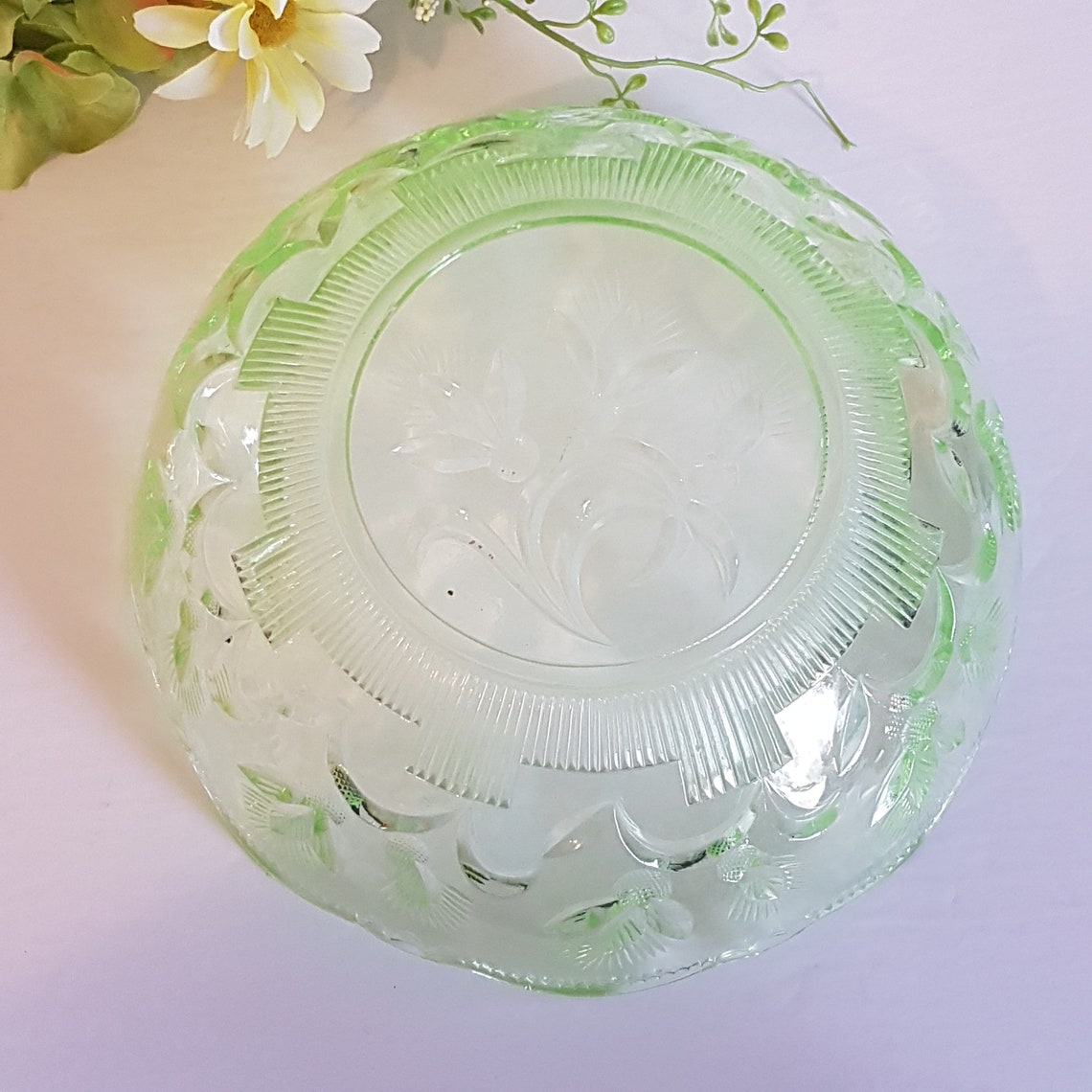 Vintage Uranium Glass Serving Bowl Thistle Pattern Fruit Etsy