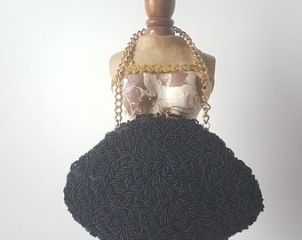 Vintage Black Beaded Purse, Evening Bag, Hang from Wrist, Converts to Clutch, Kiss Lock, Made in Hong Kong, 1960s