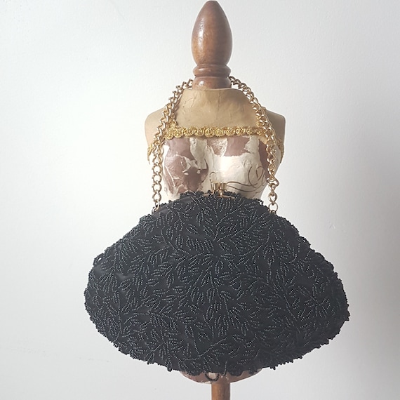 Vintage Black Beaded Purse, Evening Bag, Hang fro… - image 1