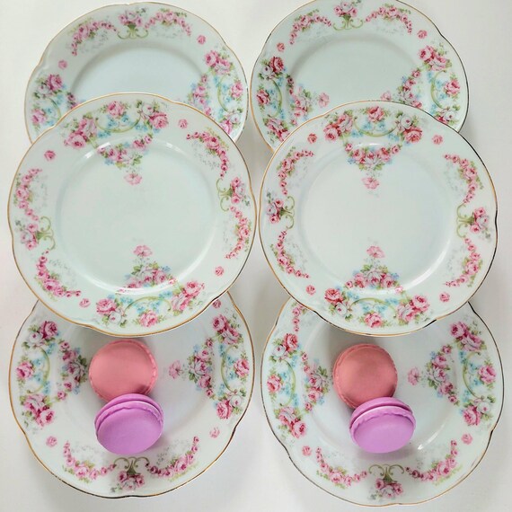 Vintage Eberthal Bavaria Plates Set 6 Pink Rose 6 Inch German Porcelain 5004