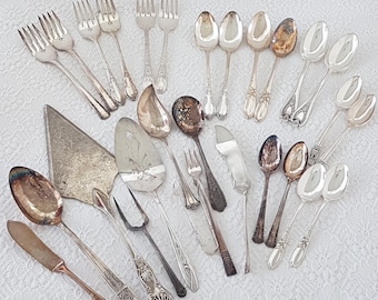 Vintage 28-Piece Mismatched Silver Plate Dessert Cutlery Set for Tea Parties, Bridal Showers & Gatherings