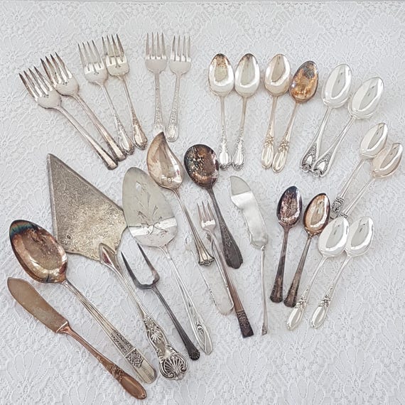 Vintage 28-Piece Mismatched Silver Plate Dessert Cutlery Set for Tea Parties, Bridal Showers