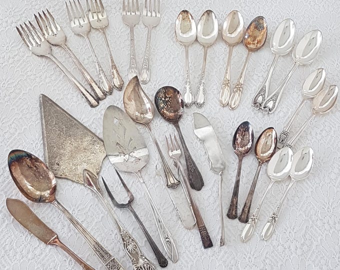 Vintage 28-Piece Mismatched Silver Plate Dessert Cutlery Set for Tea Parties, Bridal Showers & Gatherings
