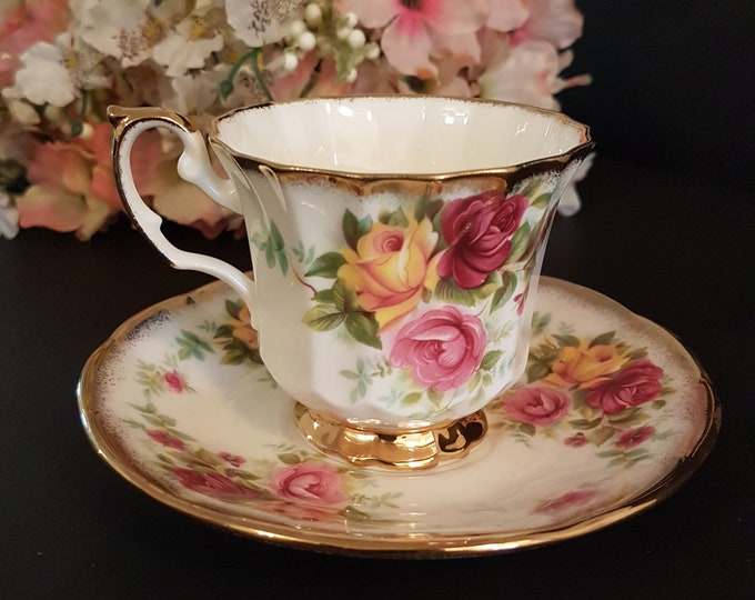 Tea Cup and Saucer, Vintage Taylor & Kent Elizabethan JACOBEAN, Fine Bone China, Pink, Red, Yellow Roses, Made in England, 1960s