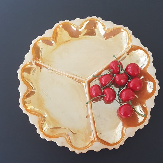 Vintage Fire-King Peach Luster Divided Relish Tray by Anchor Hocking - 3-Section Iridescent Milk Glass Dish