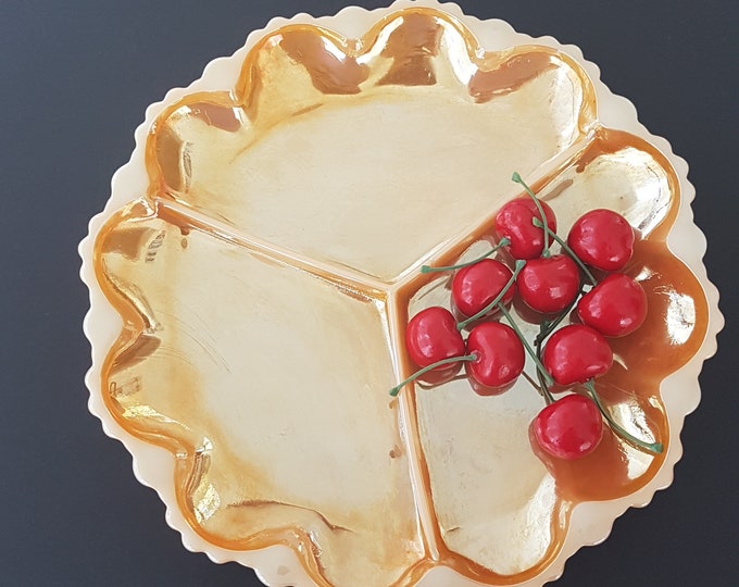 Fire King PEACH LUSTER Divided Serving Plate, Mid Century Glass Relish Dish