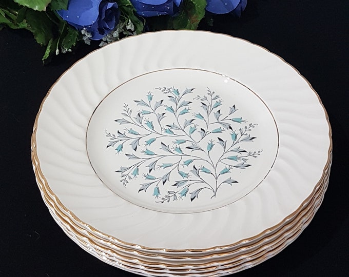 Dinner Plates, AMBASSADOR Royal Wessex by Swinnertons, Pattern RWX10, White Ironstone, Swirl Rim, Blue Flowers, Gray Leaves, 1960s