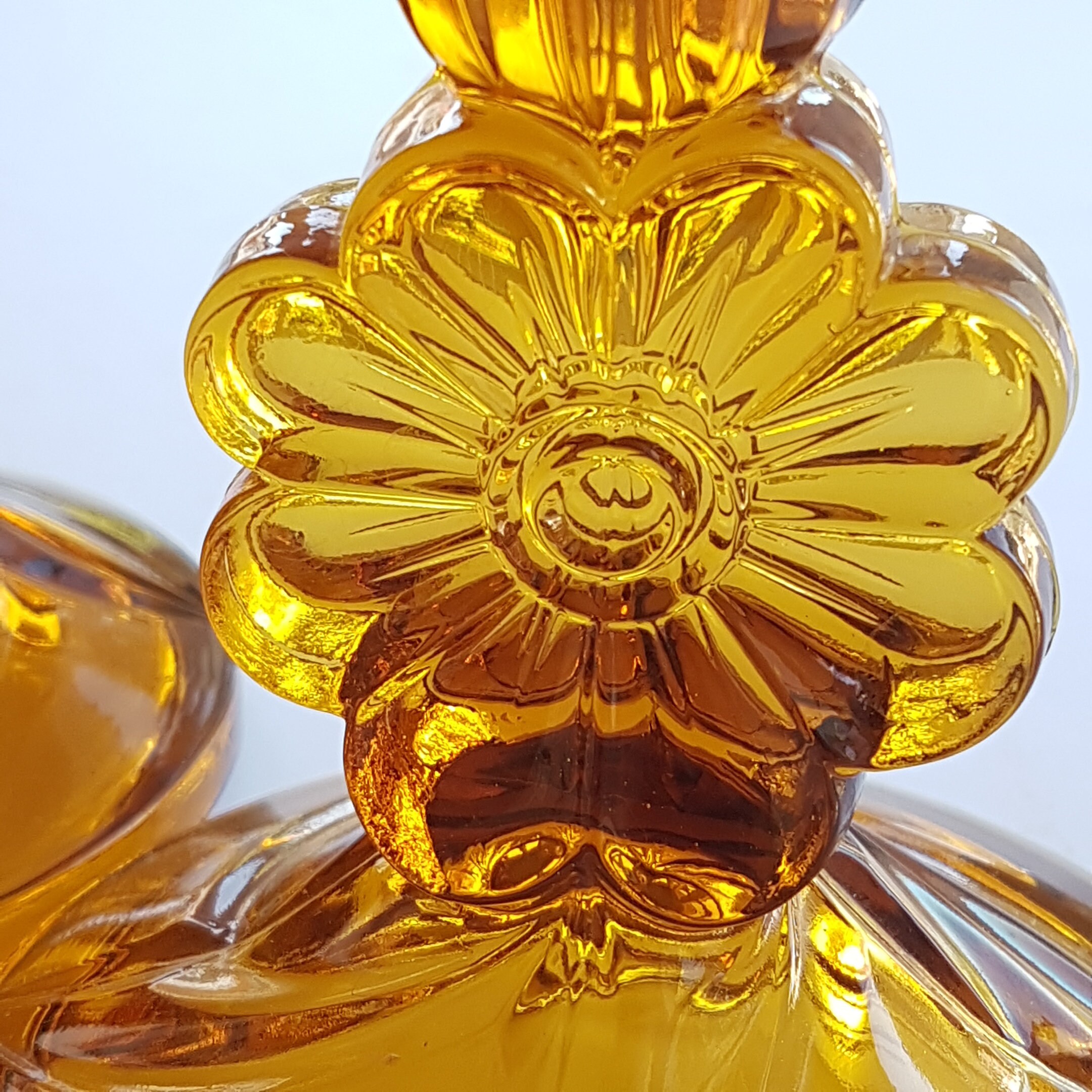 Amber Glass Candlesticks, Daisy Flower Stem, Bagley Glass, Made in USA