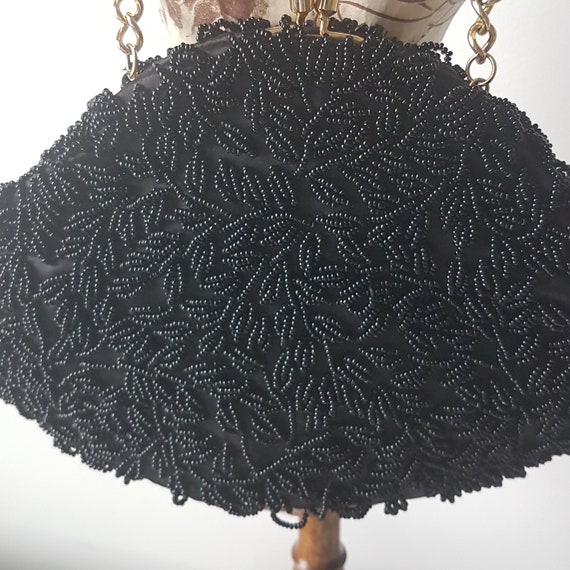 Vintage Black Beaded Purse, Evening Bag, Hang fro… - image 2