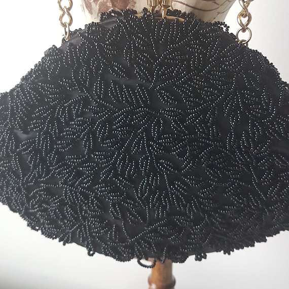 Vintage 1960s Black Beaded Evening Bag: Convertible Clutch - Hand Beaded