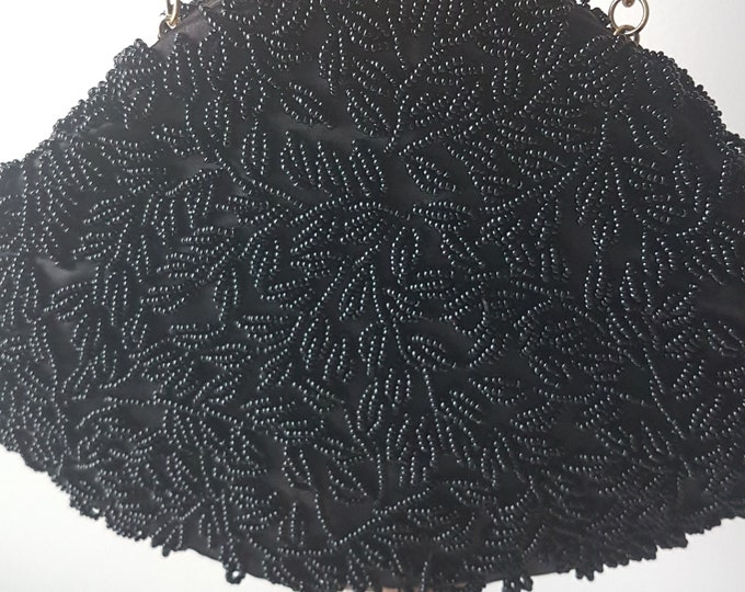 Vintage Black Beaded Purse, Evening Bag, Hang from Wrist, Converts to Clutch, Kiss Lock, Made in Hong Kong, 1960s