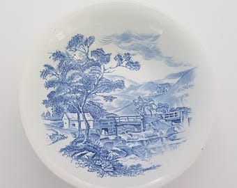 Vintage Wedgwood Countryside Blue Transferware Soup Bowls White Ironstone England 1960s
