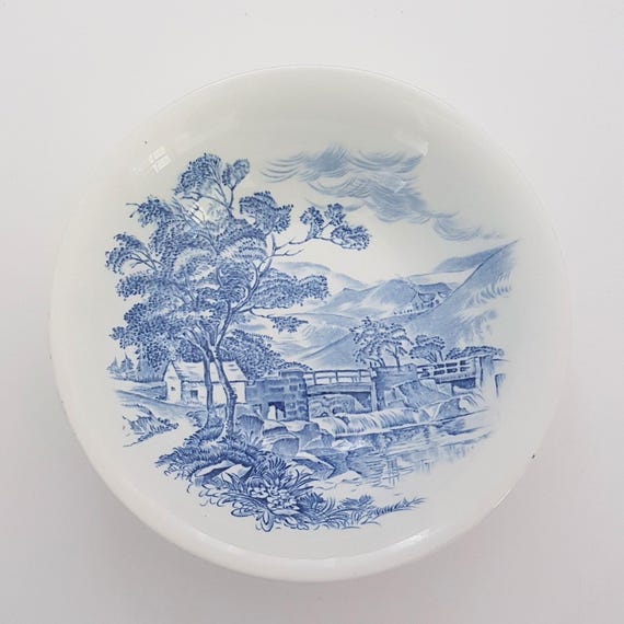 Vintage Wedgwood Countryside Blue Transferware Soup Bowls White Ironstone England 1960s