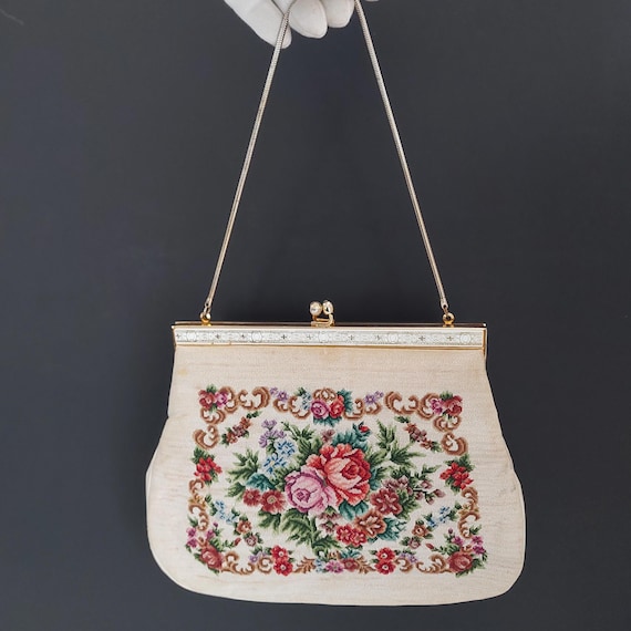 Vintage Petit Point Floral Tapestry Evening Bag, 1950s Needlepoint Clutch