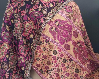 Floral Paisley Reversible Pashmina Shawl with Gold Metallic Threads Boho Evening Wrap Scarf