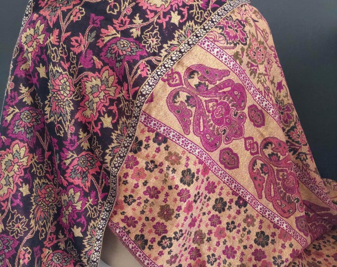 Floral Paisley Reversible Pashmina Shawl with Gold Metallic Threads Boho Evening Wrap Scarf
