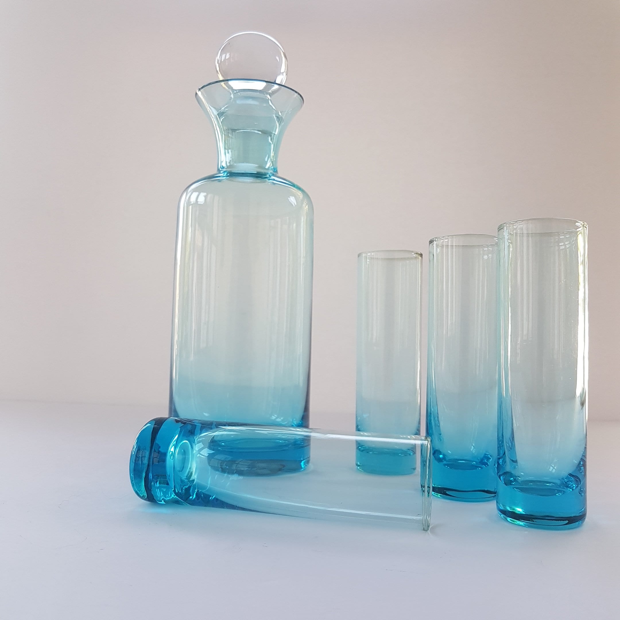Glass Decanter Set with 4 Shot Glasses, Pale Blue Glass with Clear