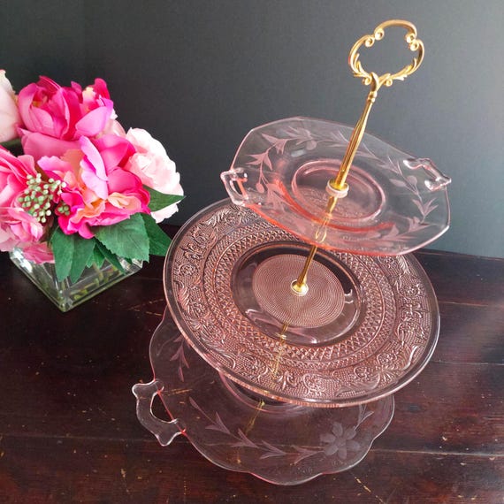 Vintage Pink Depression Glass 3-Tier Cake Stand – Mismatched Floral High Tea Server