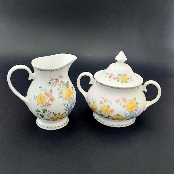 Vintage Royal Grafton Heritage Floral Bone China Cream & Sugar Set 1990s
