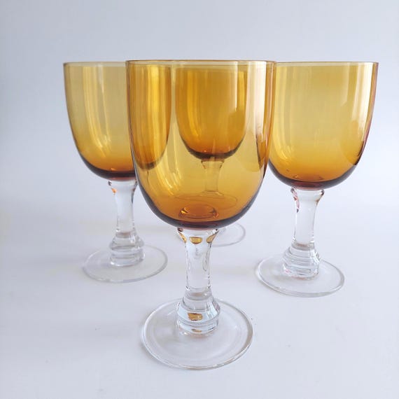 Hand Blown Amber Clear Stem Pint Glass Set 4 Wine Goblets 20oz