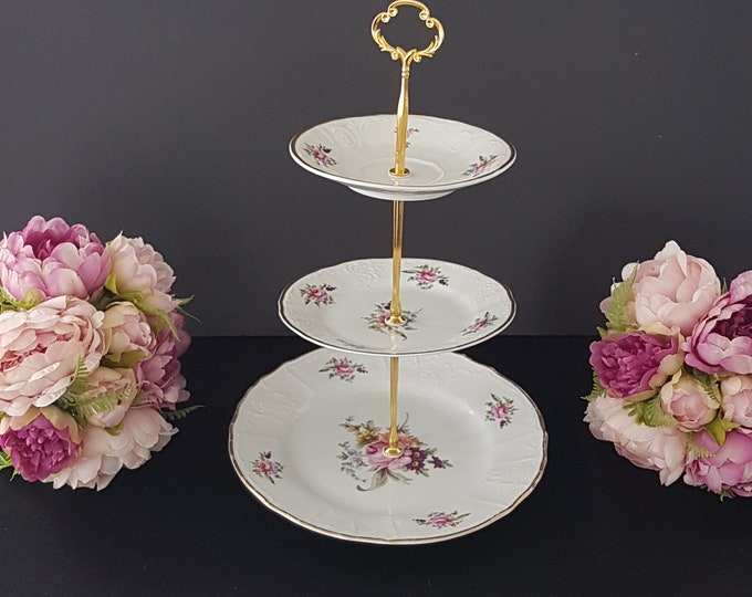 3 Tier Cake Stand, Bernadotte Porcelain, Floral SONATA Pattern, Afternoon Tea Party, Dessert Cupcake Stand