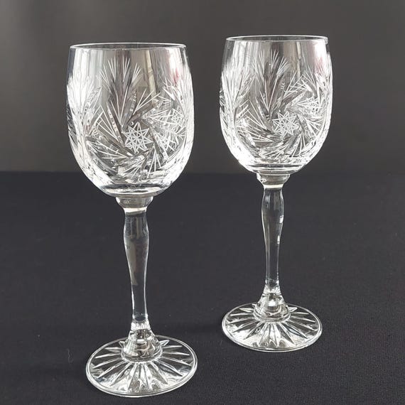 Vintage Etched Pinwheel Crystal Wine Glasses Set of 2 Hand Cut Lead Crystal