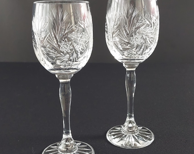 Vintage Etched Pinwheel Crystal Wine Glasses Set of 2 Hand Cut Lead Crystal