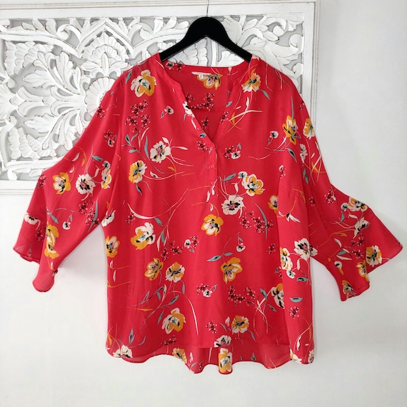 Plus Size 3X Red Floral Pullover Bell Sleeve Chiffon Blouse - Casual Summer Top