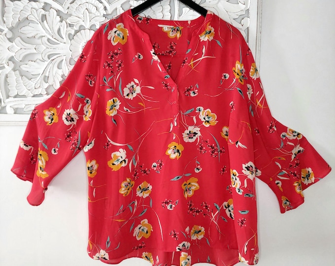 Plus Size 3X Red Floral Pullover Bell Sleeve Chiffon Blouse - Casual Summer Top