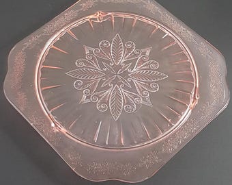 Pink Depression Glass Footed Cake Plate Vintage Jeannette ADAM Pattern 1930s Wedding Serving Stand