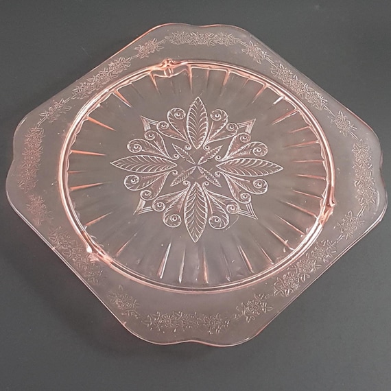 Pink Depression Glass Footed Cake Plate Vintage Jeannette ADAM Pattern 1930s Wedding Serving Stand