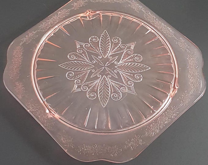 Pink Depression Glass Footed Cake Plate Vintage Jeannette ADAM Pattern 1930s Wedding Serving Stand