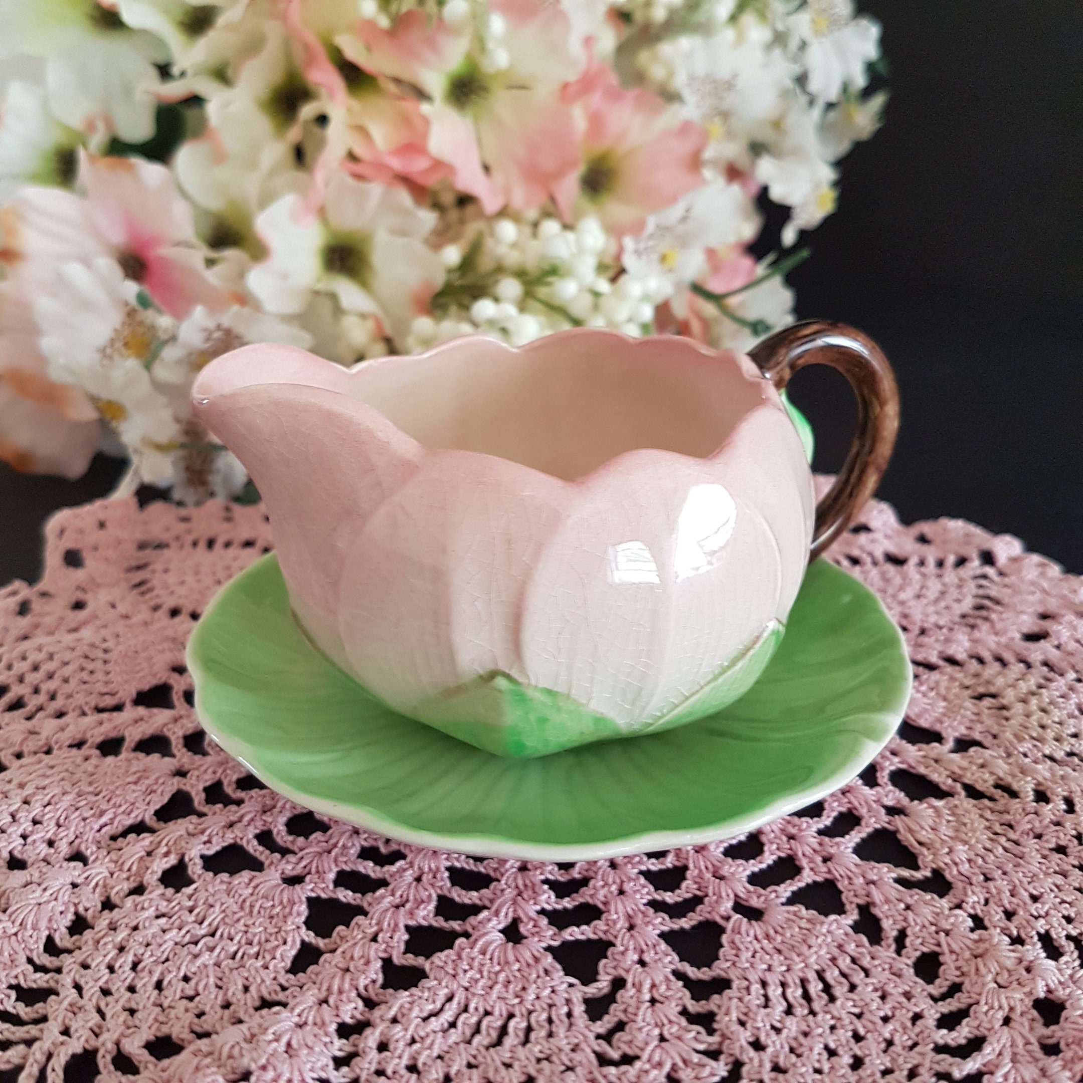 Carlton Ware Australian Design Pink Flower Creamer & Leaf Under Plate
