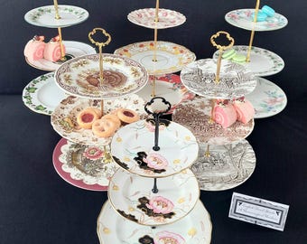Vintage Mismatched 3-Tier Cake Stand Floral English Tea Party Serving Tray Wedding Gift