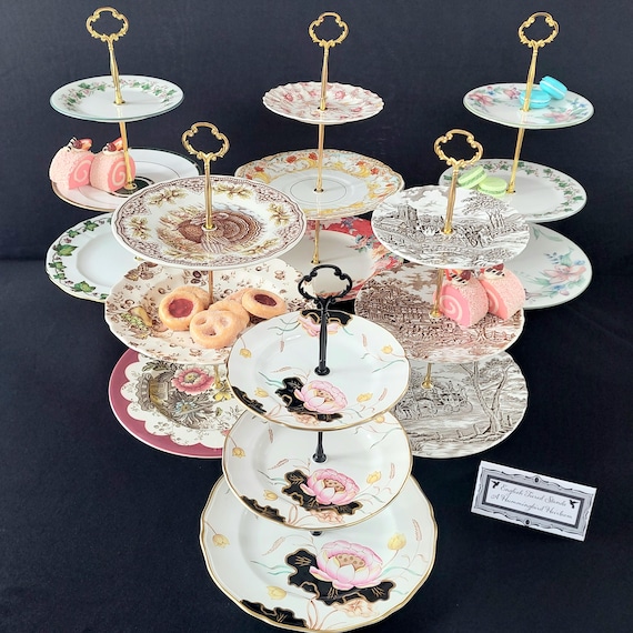 Vintage Mismatched 3-Tier Cake Stand Floral English Tea Party Serving Tray Wedding Gift