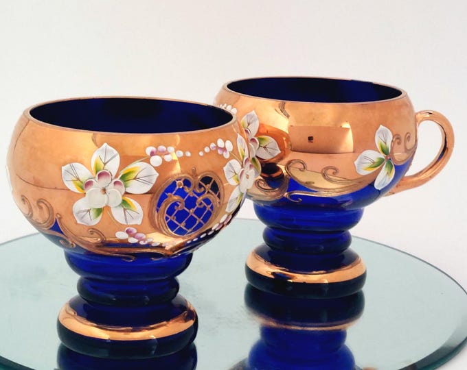 Hand Blown Murano Bohemian Cobalt Blue Glass Coffee Cups Set