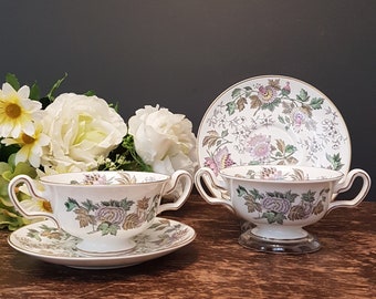 Wedgwood AVON Footed Cream Soup Bowl & Saucer, Floral Pattern W3983, Vintage 2 Handled Bouillon Bowl with Drip Plate, Double Handle Tea Cup