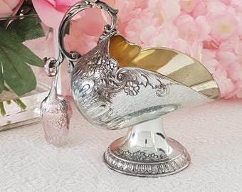 Silver Plated Candy Dish with Scoop, Baroque Ornate Rose Design Sugar Scuttle Open Sugar Cube Bowl