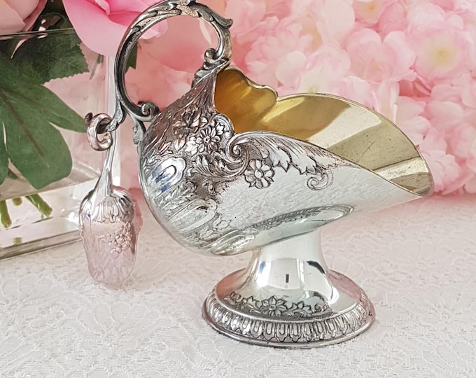 Silver Plated Candy Dish with Scoop, Baroque Ornate Rose Design Sugar Scuttle Open Sugar Cube Bowl