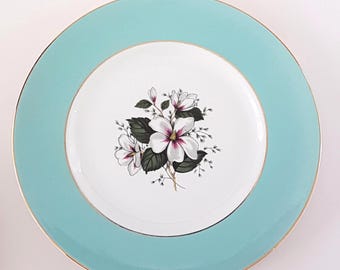 Vintage Saraband Ridgway Dessert Plates: Teal & White Floral MCM Ceramic Dinnerware Set