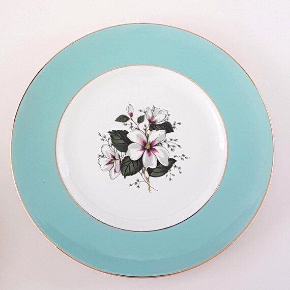 Vintage Saraband Ridgway Dessert Plates: Teal & White Floral MCM Ceramic Dinnerware Set