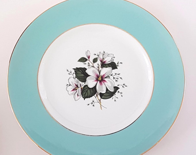 Vintage Sarabond Ridgway Dessert Plates: Teal & White Floral MCM Ceramic Dinnerware Set
