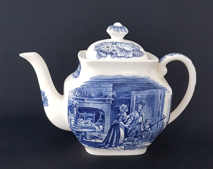 Liberty Blue Historic Colonial Scenes Minute Men Tea Pot, Collectible Ironstone, Blue Transferware, Enoch Wedgwood, Made in England, 1970s