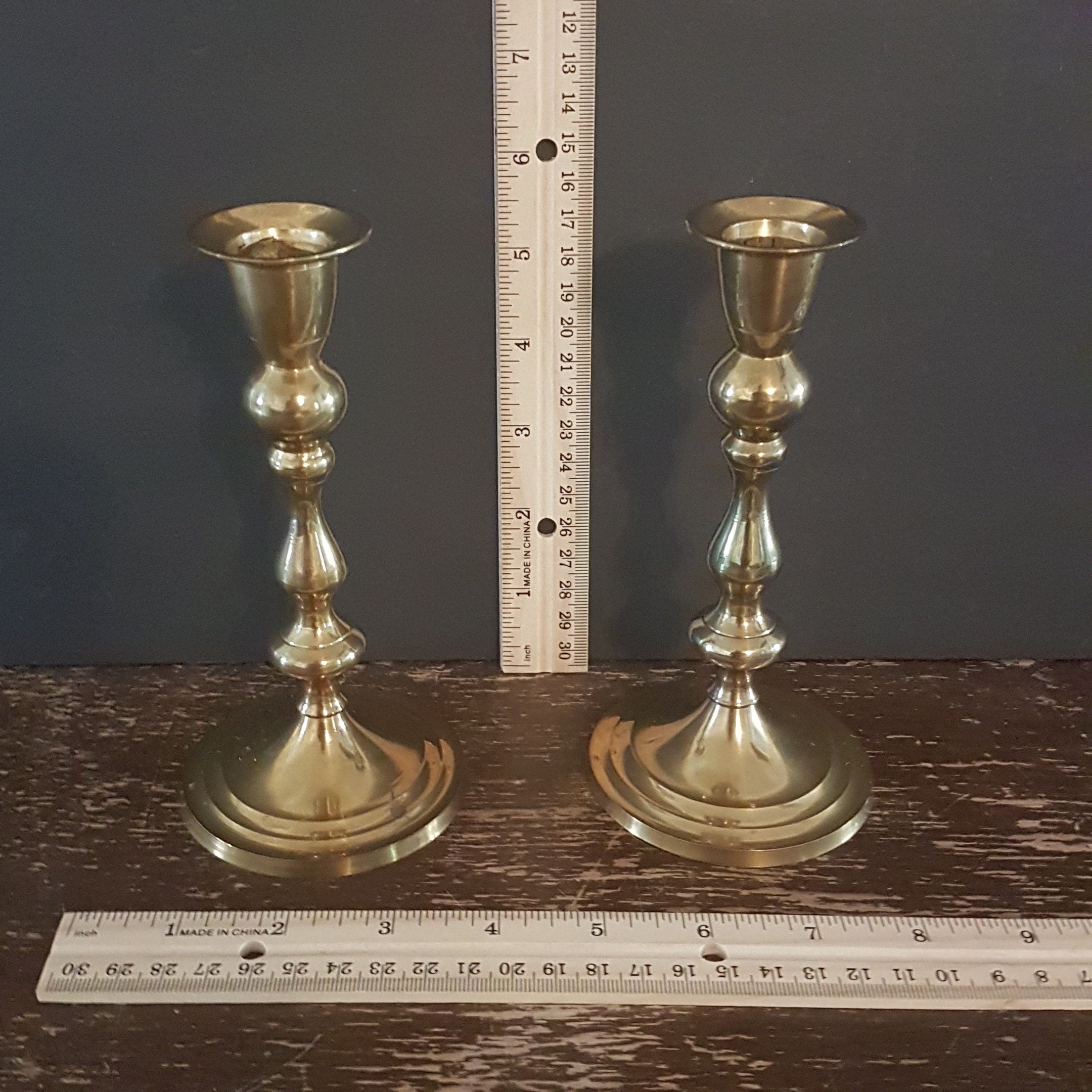 Set of 2 Tall Vintage Indian Brass Taper Candlesticks, A Pair of 6